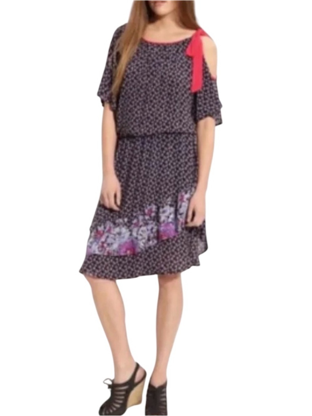 Free People Cold Shoulder Tie Bow Floral Mixed Print Dress Navy Purple Size XS